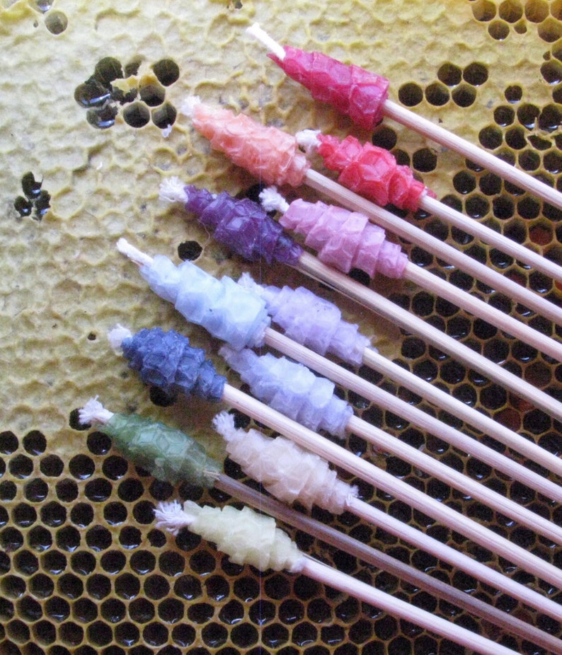 12 Bee Torches, Rainbow Color Beeswax Birthday Candles, Mini Torch in Assorted Colors, Small Candles on Sticks, Wedding Decor & Ceremonial image 1