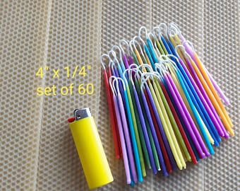 Birthday Candles, Colored Beeswax Candles, 60 Mixed Rainbow Colors Hand Dipped Small Candles, Honey Scented Bees Wax Tapers