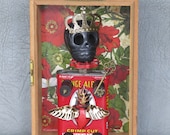 Steampunk Day of the Dead assemblage, quot Little Prince. quot Black skull, cigarette tin, crown and scepter all in cigar box ready to hang on wall