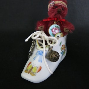 Miniature GUND bear in Herend porcelain shoe.  Gift for a baby girl!  Pendant for baby photo and purse for 1st tooth or lock of hair.
