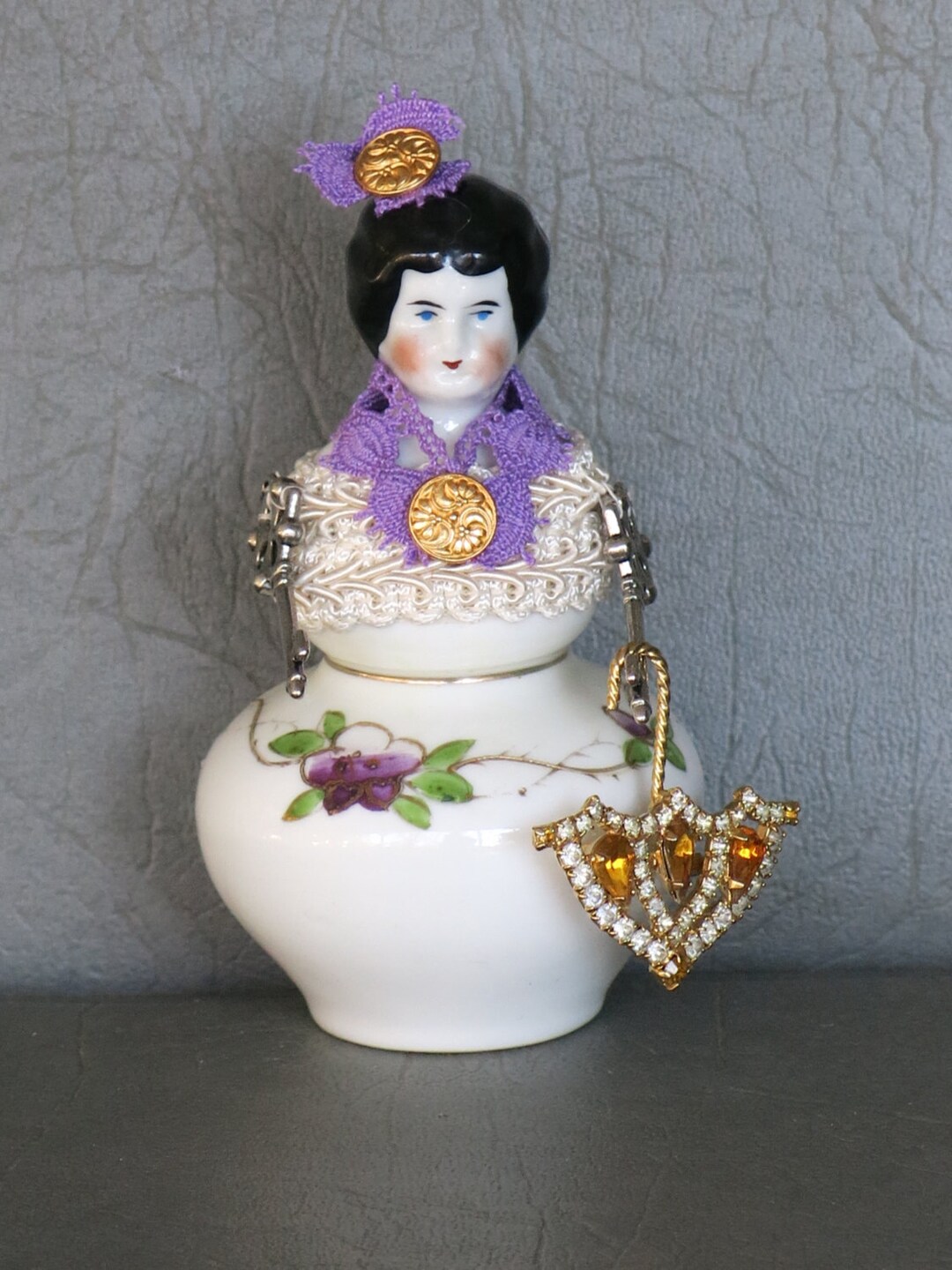 China Assemblage Doll. One of a Kind. Antique China Head, Miniature Ginger Jar Body, Hand