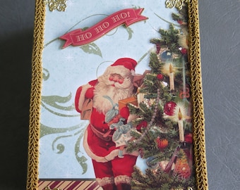 Christmas box.  3D Victorian collage Christmas decor, storage or gift box with Santa, Victorian tree, braided trim and gold embossed foil.