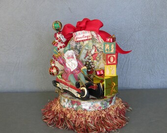 Christmas Santa assemblage.  Vintage House of Hatten Santa on sleigh with blocks, ornaments and beautiful box.