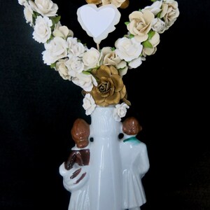 Wedding cake topper. Vintage porcelain bride and groom in French country 1700s style, paper flowers, heart arch and Just Married sign. image 4