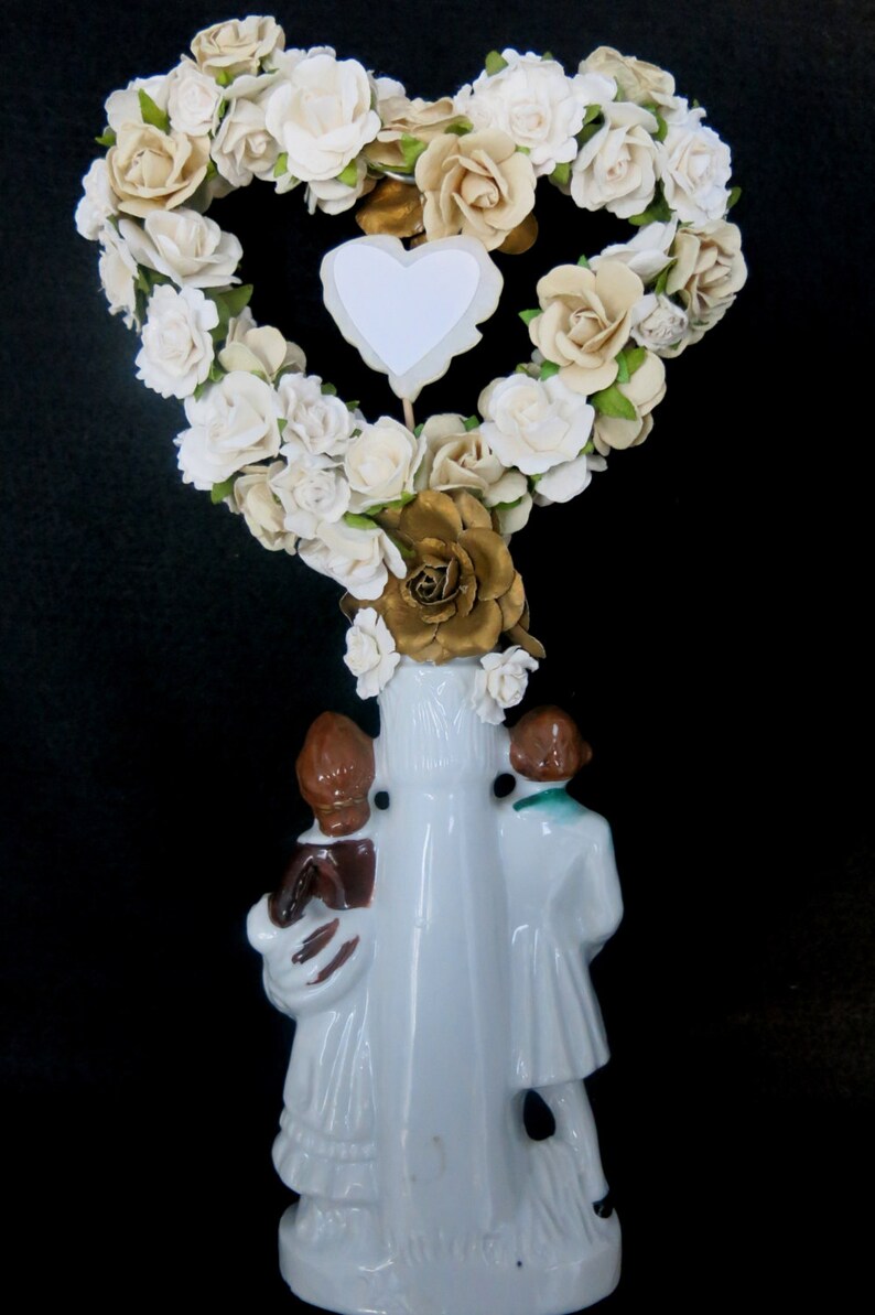 Wedding cake topper. Vintage porcelain bride and groom in French country 1700s style, paper flowers, heart arch and Just Married sign. image 4