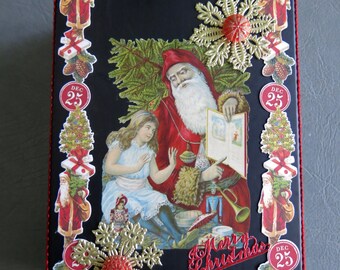 Christmas box.  3D Victorian collage Christmas decor, storage or gift box with Santa, girl, book and toys.  Gold foil and antique buttons.
