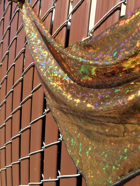 Gold on Black Spandex Bandana w/ Shattered Glass Holographic Gold Rainbow Sheen and Hidden Stash Pocket