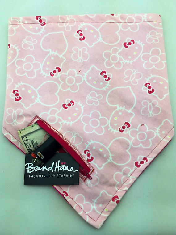 Here Kitty Kitty: HK print on soft pink Flannel and Fuschia Satin Reversible Bandana w/ Zippered Stash Pocket