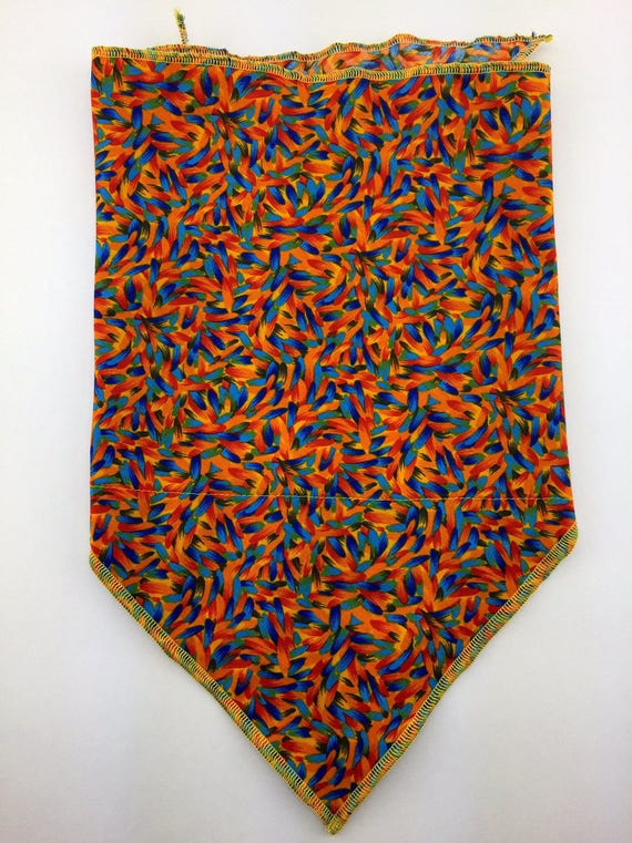 Van Hana: Cotton Stash Pocket Bandana in Orange w/ Teal Blue, Red, Yellow Artistic Print