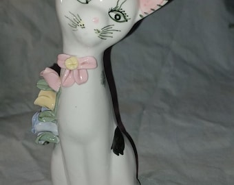 Vintage Porcelain Cat Figurine with 3D Floral Accents  - 9"