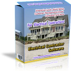 Könnte beinhalten: Eine blaue Softwarebox mit dem Text "For Electrical Contractors!" und "Electrical Contractor Software." Die Box zeigt ein Bild eines Hauses und die Website ContractorSoftwareShop.com. Die Box enthält auch den Text "Enterprize Level, Quick Setup, Customer, Management, Create Contracts, and More."