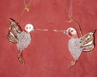 Hummingbird Ornaments Blown Glass Gold Trim  Hanging 2.75"  Lot of 2 Vintage