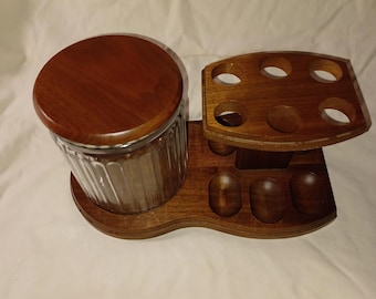 Vintage Decatur Industries Walnut 6 Pipe Stand w/ Glass Tobacco Jar Humidor