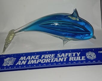 Murano Style Hand Blown Blue Art Glass Dolphin Figurine - 8.75"