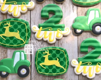 Green Tractor Farm Theme Decorated Sugar Cookies, 1 Dozen Cookies, Birthday Party, Edible Party Favors