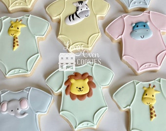 Safari Jungle Theme Decorated Sugar Cookies, 1 Dozen Cookies, Baby Shower, Birthday, Edible Favor, Dessert Table, Giraffe, Lion, Elephant,