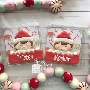 Puede incluir: Dos galletas navideñas con temática de duendes en cajas transparentes, cada una con una pancarta roja que muestra un nombre. Las galletas tienen cabello castaño y usan gorros rojos de Papá Noel. Una guirnalda de bolas de fieltro y caramelos de menta rojos, blancos y verdes decora el fondo.