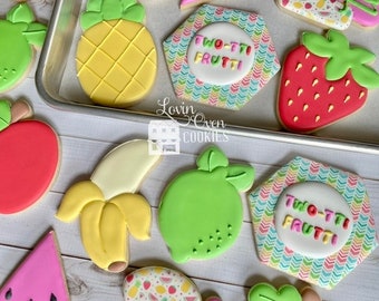 Twotti Frutti Decorated Sugar Cookies, 1 Dozen Cookies, Birthday Party, Edible Favors, Dessert Table, Tooty Fruity, Twotti Fruity