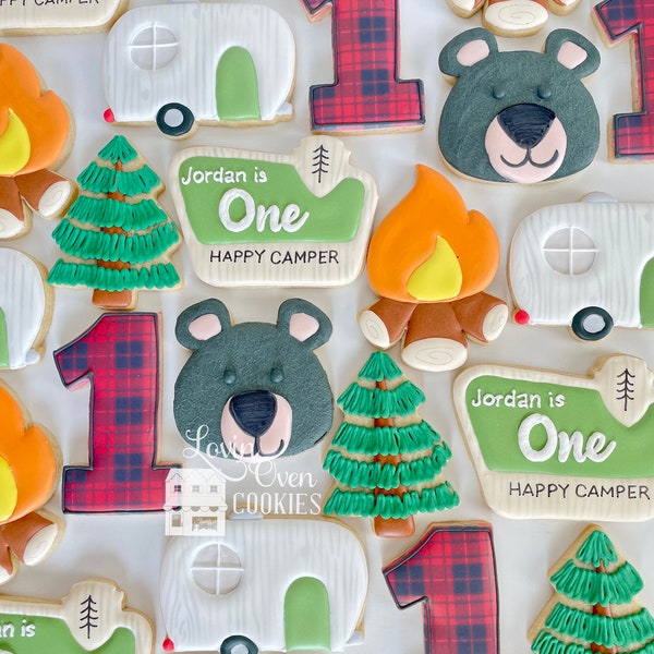 One Happy Camper Theme Decorated Sugar Cookie, 1 Dozen Cookies, Camping Cookies, Birthday Party