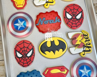 Superhero Decorated Sugar Cookies, 1 Dozen Cookies, Birthday Party, Edible Favors, Dessert Table