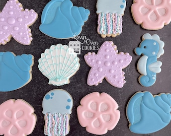 Under the Sea Theme Decorated Sugar Cookies, 1 Dozen Cookies, Shells, Sea Horse, Edible Party Favor, Beach Wedding, Dessert Table,