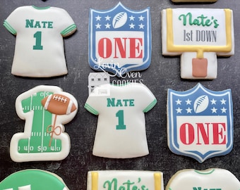 Football Themed Decorated Sugar Cookies, 1 Dozen Cookies, Birthday Party, Edible Favor, Dessert Table