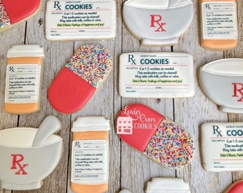 Pharmacy Decorated Sugar Cookies, 1 Dozen Cookies, Pharmacist Graduation, Customer Appreciation, Prescription, Pill bottle, Edible Gift