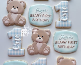 Beary First Birthday Theme Decorated Sugar Cookie, 1 Dozen Cookies, Bear Cookies, Birthday Party