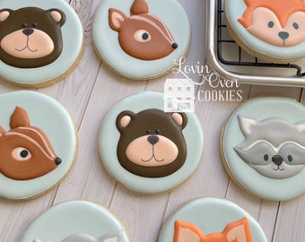 Woodland Animals Decorated Sugar Cookies, 1 Dozen Cookies, Baby Shower Favor, Deer, Squirrel, Owl, Fox, Baby Animals, Edible Favors