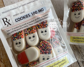 Happy Pill Decorated Sugar Cookies, 1 Dozen Mini cookies, Get Well Gift, Pharmacist, Prescription, Pill