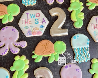 Two the Sea, Under the Sea Theme Decorated Sugar Cookies, 1 Dozen,  Sea Horse, Turtle, Jelly Fish, Party Favor, Birthday, Dessert Table
