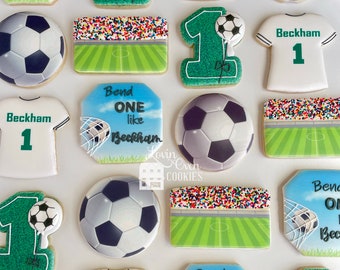 Soccer Themed Decorated Sugar Cookies, 1 Dozen Cookies, Birthday Party, Edible Favor, Dessert Table