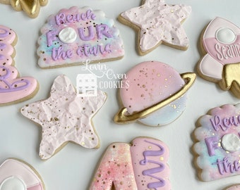 Reach Four the Stars Theme Decorated Sugar Cookie, 1 Dozen Cookies, Space Cookies, Birthday Party, Space Camp, Edible Favors