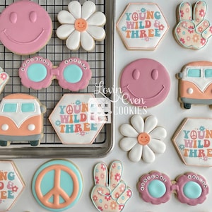 Young Wild and Three Groovy Decorated Sugar Cookies, 1 Dozen Cookies, Birthday Party, Groovy Retro Cookies, Edible Favors, Dessert Table