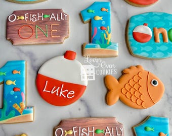 O Fish Ally One Decorated Sugar Cookies, 1 Dozen Cookies, Birthday Party, Reeling In The Big One, ofishally one, officially one