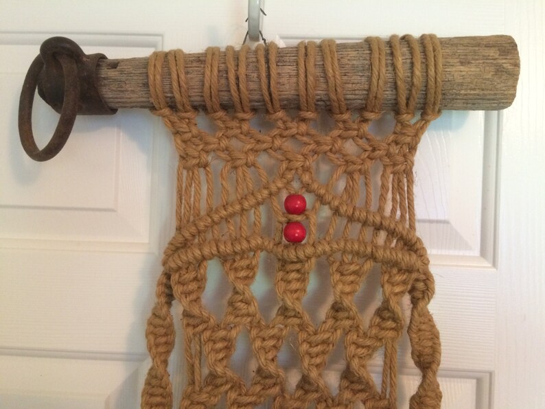 Vintage Macrame Wall Hanging With Old Hitching Post Attached Image 0