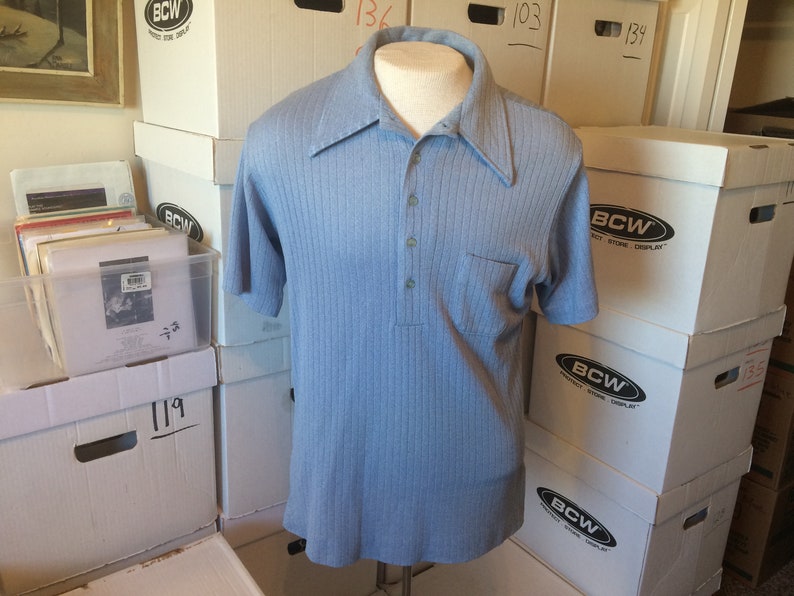 light blue color great used condition King Louie brand Vintage Polo Shirt size large polyester breast pocket