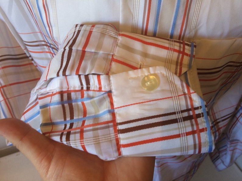 great used condition Vintage Don Loper Shirt Duke of Hollywood 100/% polyester red blue and brown stripes Size XL Tall