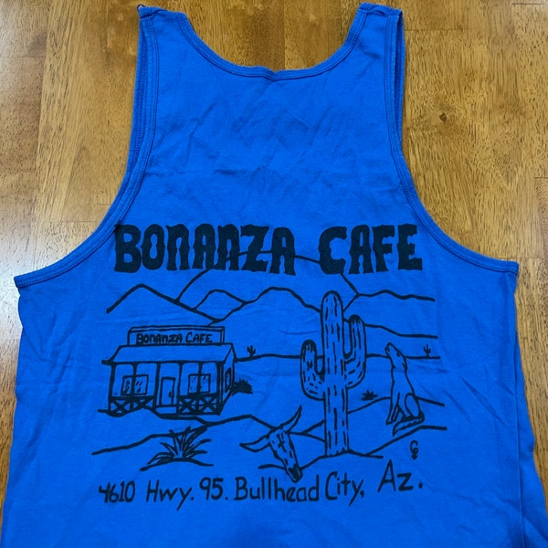 Vintage Tank Top - "Bonanza Cafe, Bullhead City, Arizona" - blue cotton with black print - tag is missing - great used condition