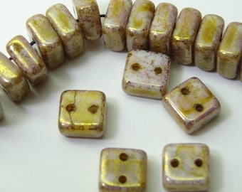 2 Hole Square Chexx 6mm Glass Beads White Lumi Squarelets  25 Pieces