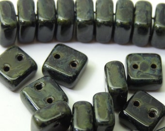 Jet Picasso 6mm 2 Hole Square Beads  Squarelets  25 Pieces