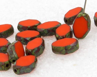 11x8mm Coral Picasso Table Cut Glass Oval Faceted Beveled Beads  10 Pieces