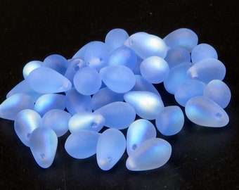 Matte Sapphire AB 6x9mm Teardrop Czech Glass Beads  25 Pieces