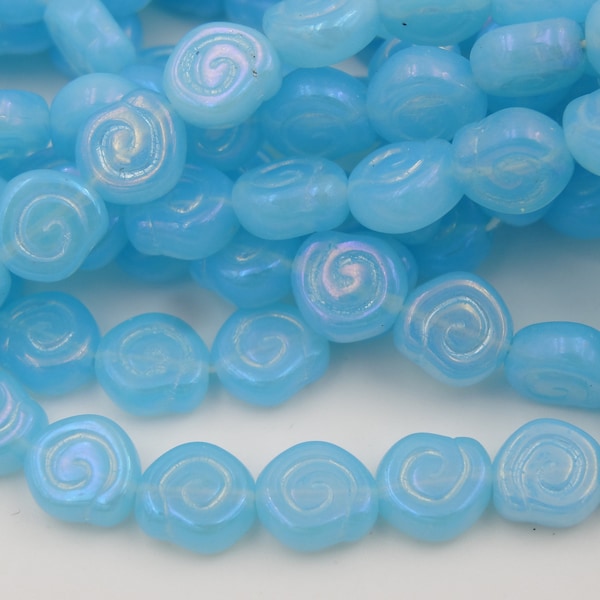 Czech Glass 8mm Blue Opal Ab Snail Shell Swirl Spiral Bead  25 Pieces