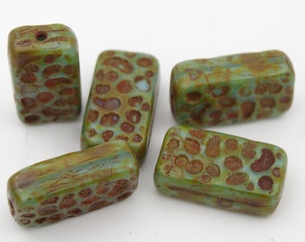 15x8mm Rectangle Pitted Green Turquoise Picasso Glass Beads 10 Pieces