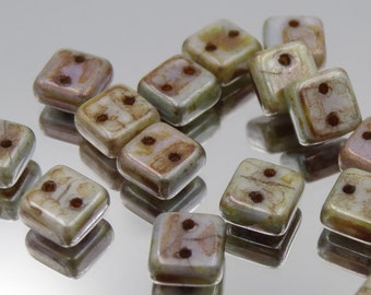 White Lumi Picasso 6mm 2 Hole Chexx  Glass Bead Squarelets  25 Pieces