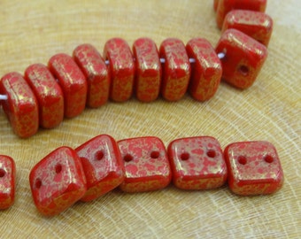 Squarelets Coral Lumi Picasso 6mm 2 Hole Chexx  Glass Bead  25 Pieces