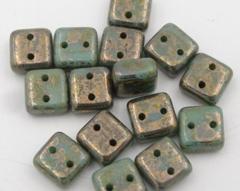 Squarelets Green Turquoise Lumi Picasso 6mm 2 Hole Chexx  Glass Bead  25 Pieces