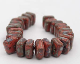 Chexx Coral Picasso 6mm 2 Hole Squarelets Glass Bead  25 Pieces