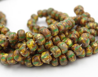 Glass 5/0 Aged Yellow with Green Striped Picasso Seed Bead  3 Strand Hank